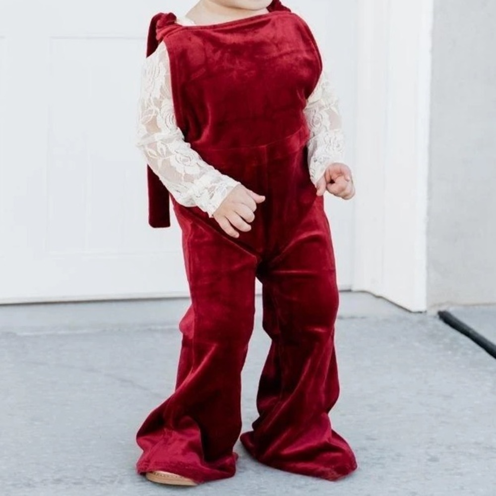 Baileys Blossoms 5T red velvet bell bottom jumpsuit